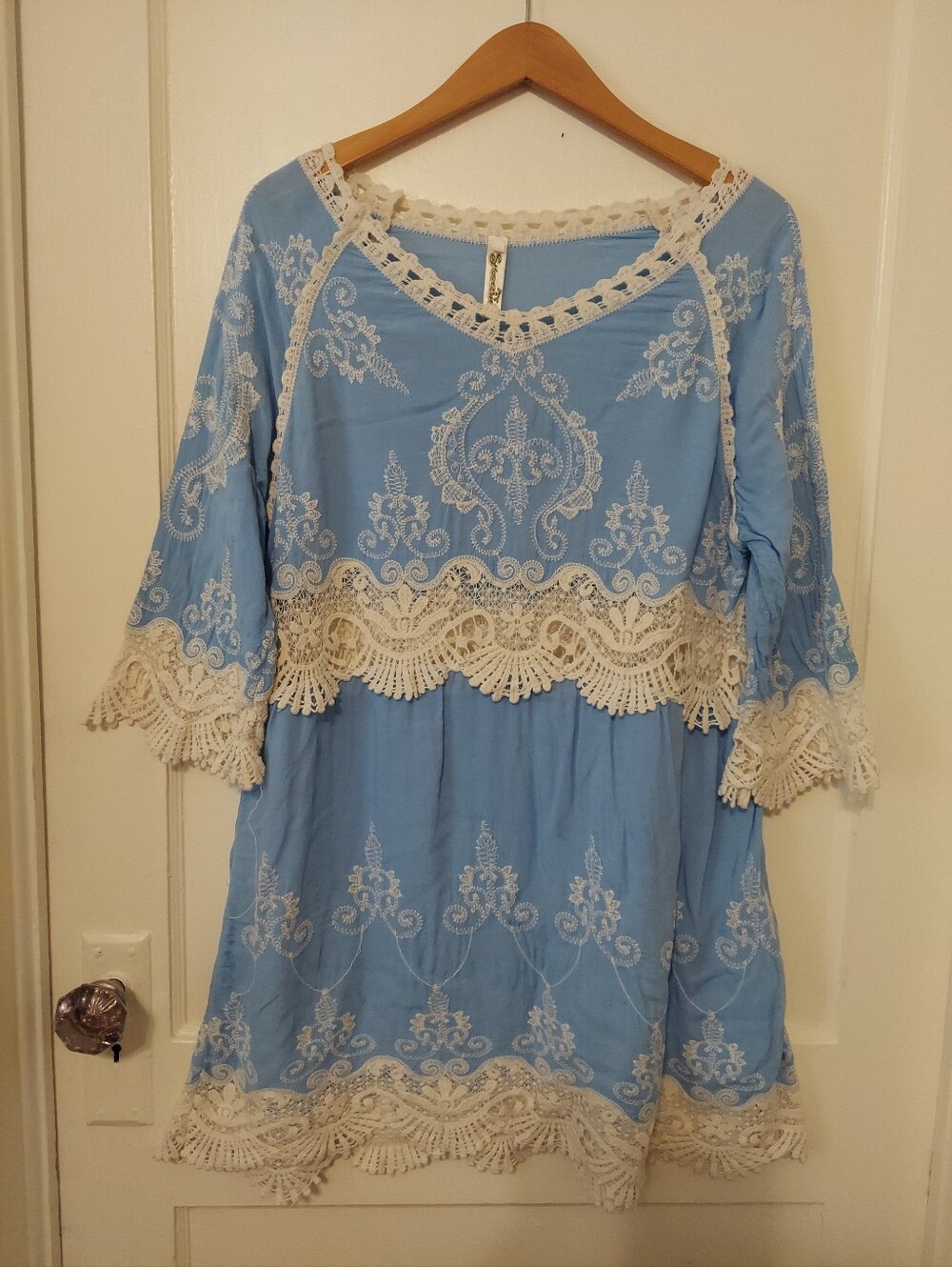 Vintage 70s Shoreline Mini Dress Womens Large Boho Peasant Chic Crochet Hippie